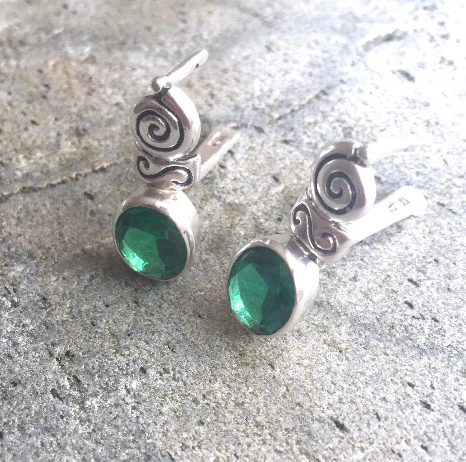 Emerald Boho Earrings - Green Tribal Earrings - Emerald Bezel Earrings