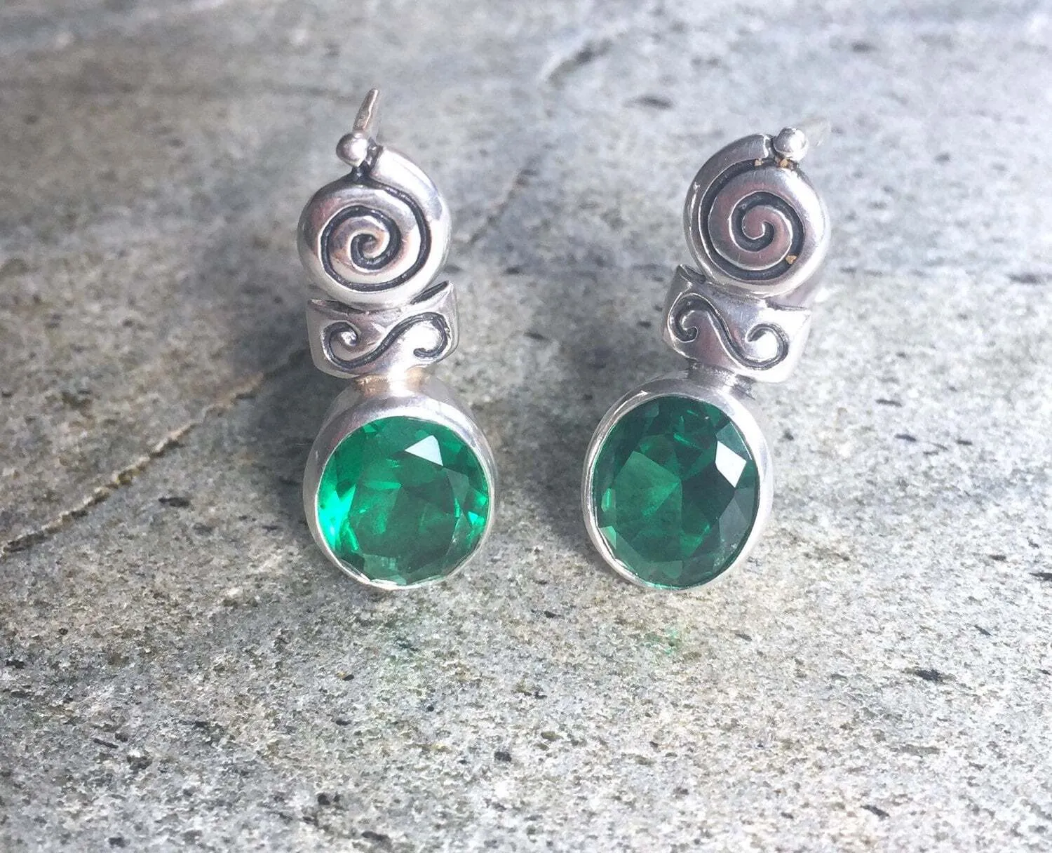 Emerald Boho Earrings - Green Tribal Earrings - Emerald Bezel Earrings