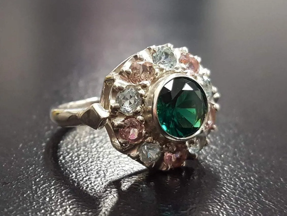 Emerald Flower Ring - Green Victorian Ring - Vintage Statement Ring