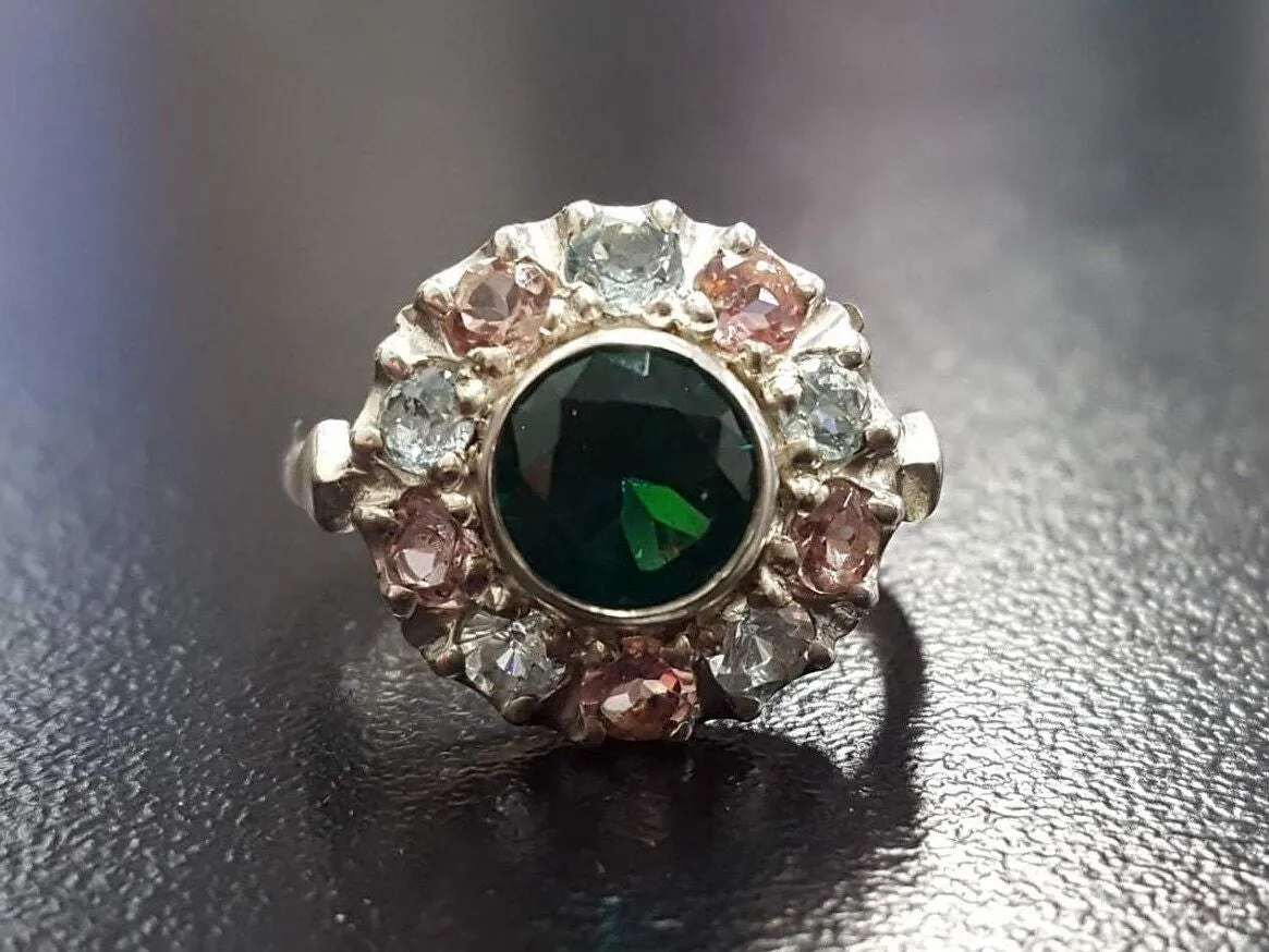 Emerald Flower Ring - Green Victorian Ring - Vintage Statement Ring