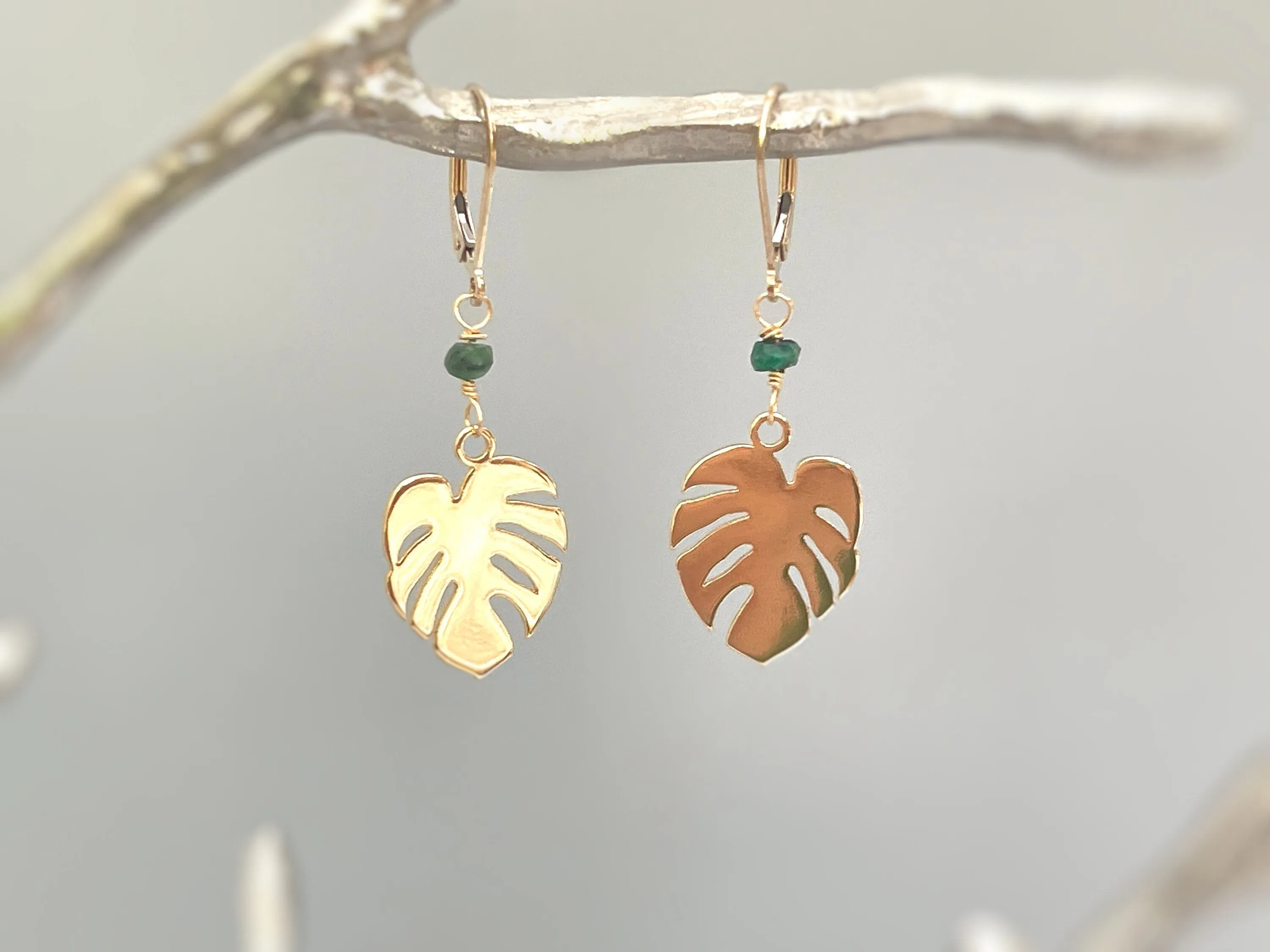 Emerald Monstera Leaf Emerald earrings dangle