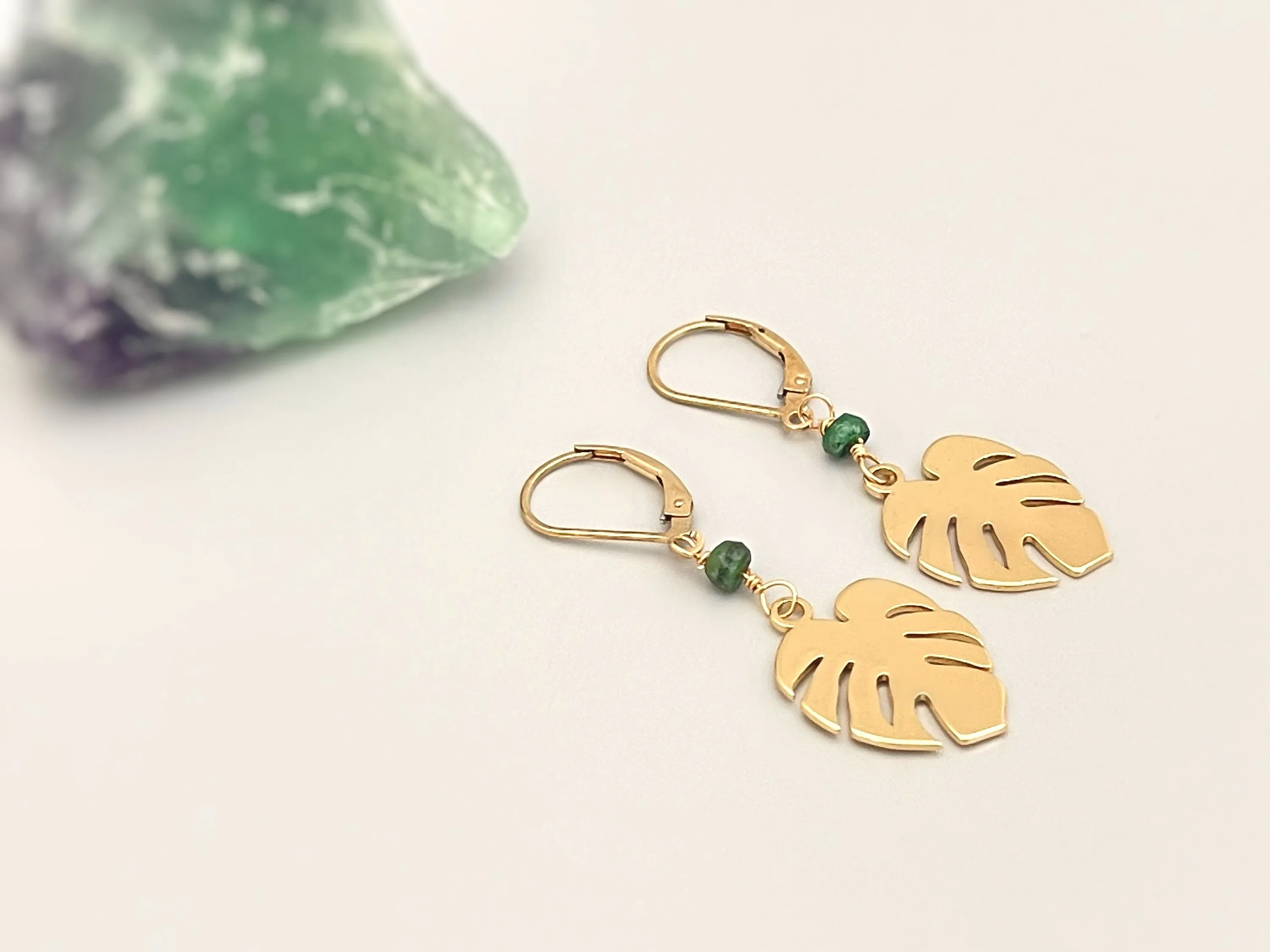 Emerald Monstera Leaf Emerald earrings dangle