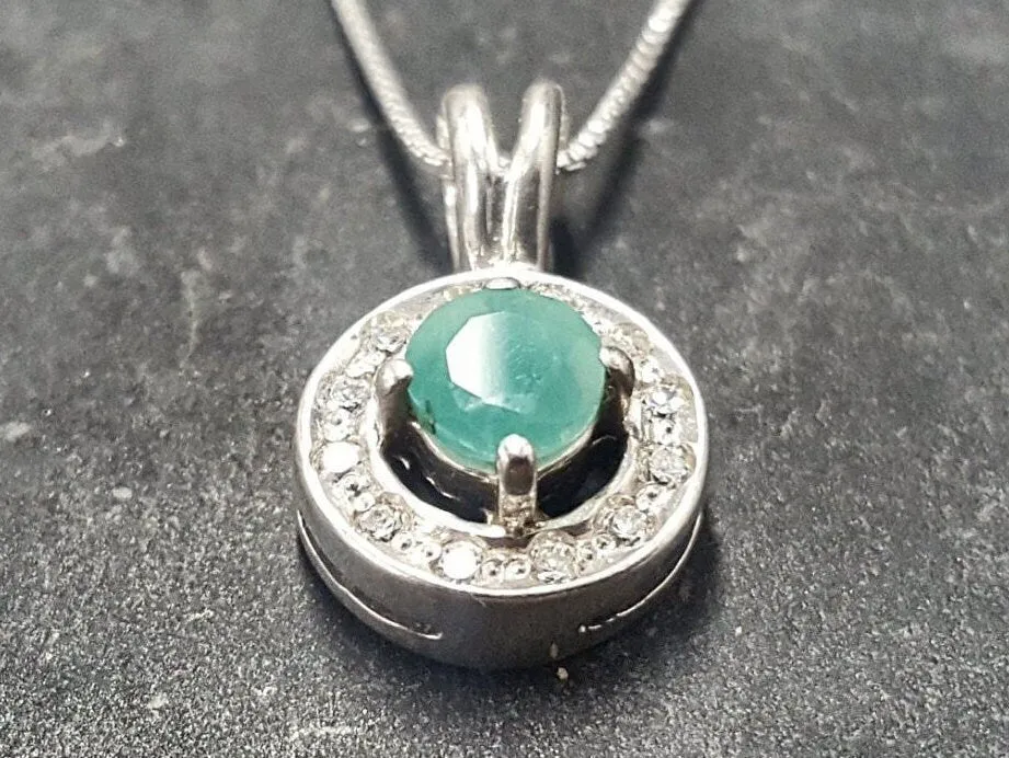 Emerald Silver Necklace - Green Halo Pendant - May Birthstone Necklace