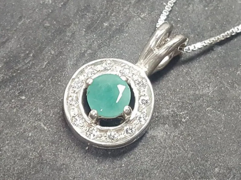 Emerald Silver Necklace - Green Halo Pendant - May Birthstone Necklace