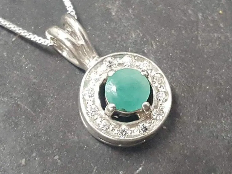 Emerald Silver Necklace - Green Halo Pendant - May Birthstone Necklace