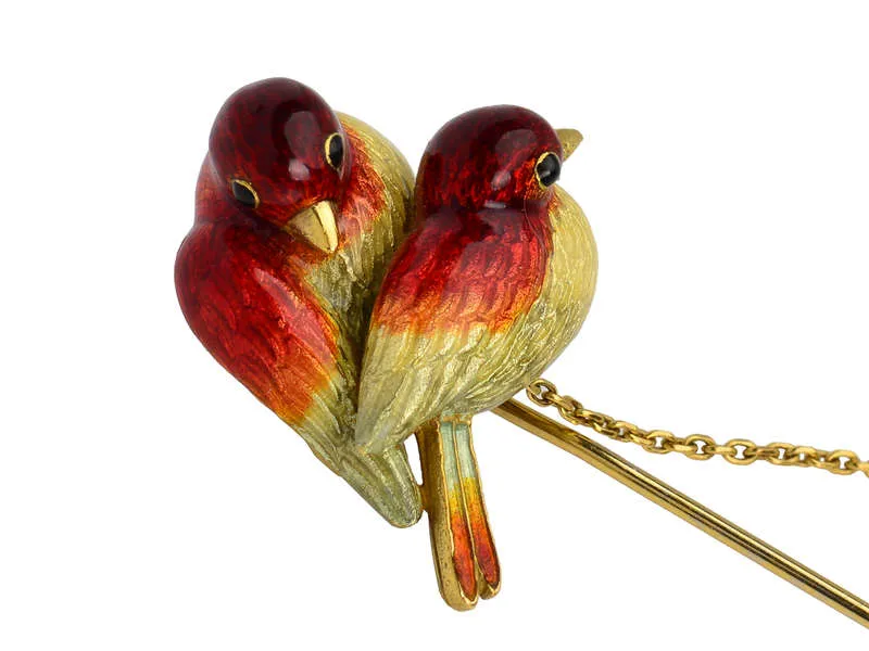 Enamel Love Birds & Egg Edwardian Brooch Stick Pin