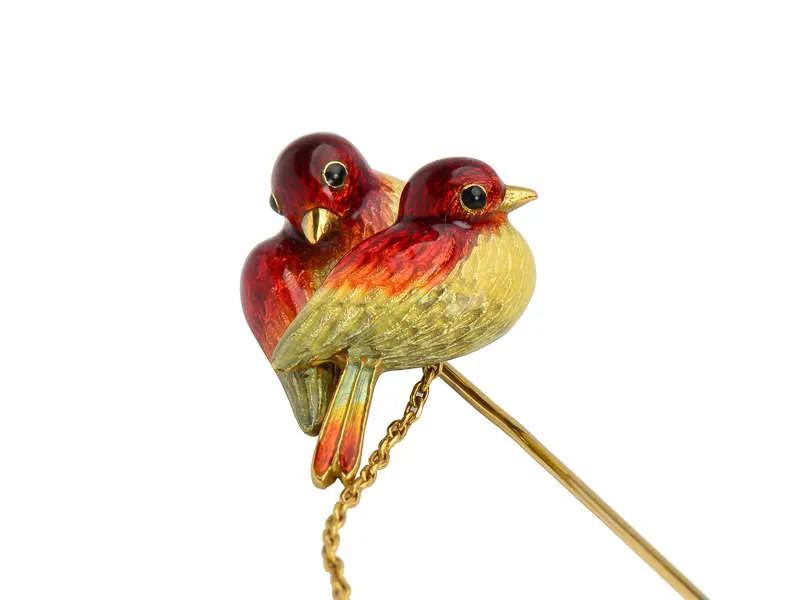 Enamel Love Birds & Egg Edwardian Brooch Stick Pin