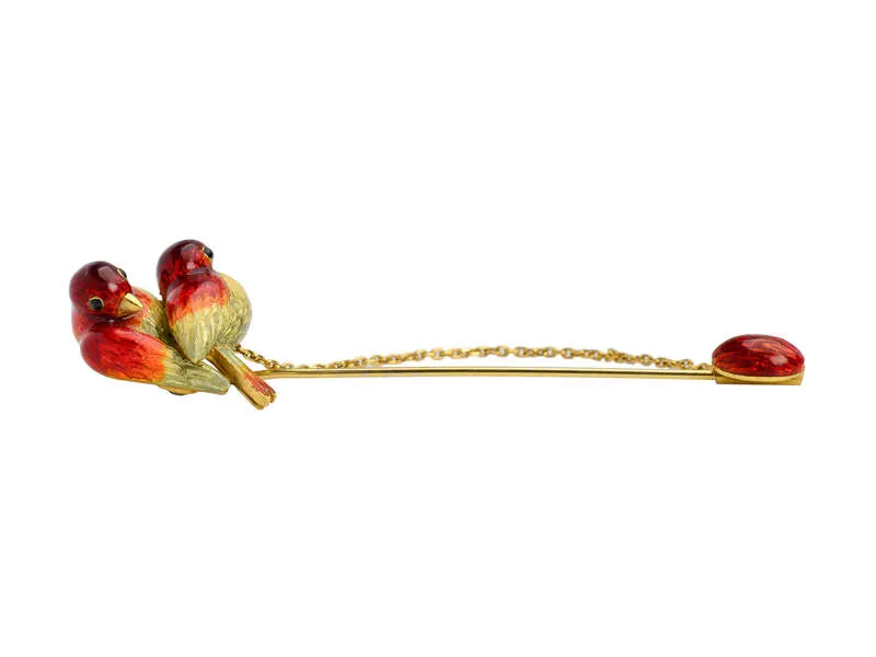 Enamel Love Birds & Egg Edwardian Brooch Stick Pin