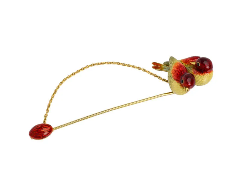 Enamel Love Birds & Egg Edwardian Brooch Stick Pin