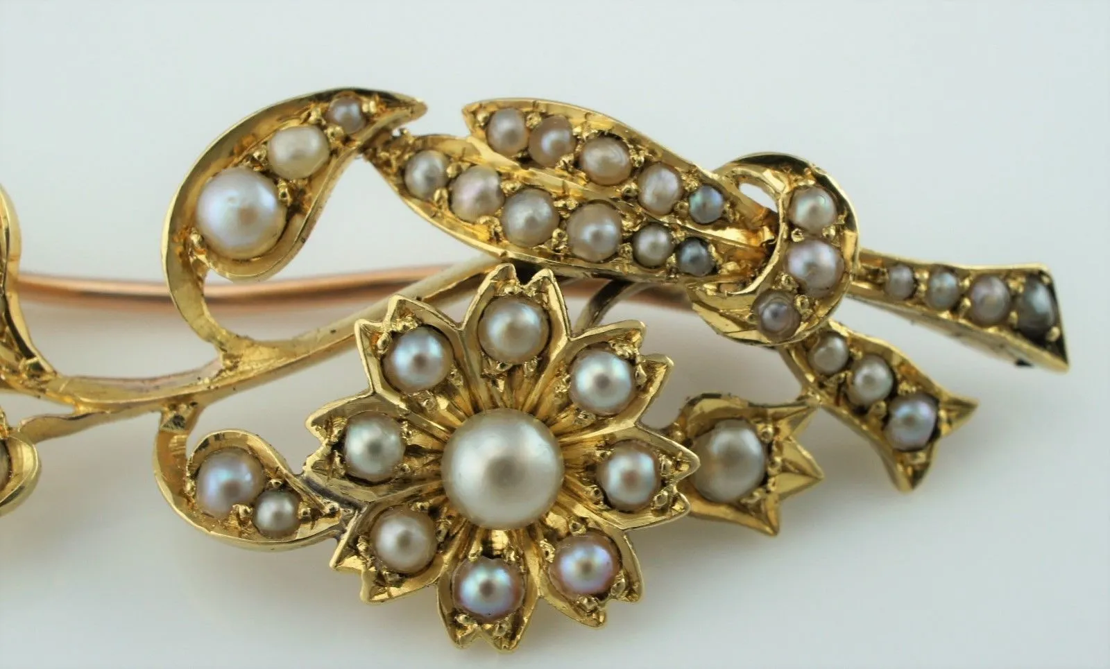 Fine Antique Edwardian Yellow Gold & Seed Pearls Floral Spray Brooch