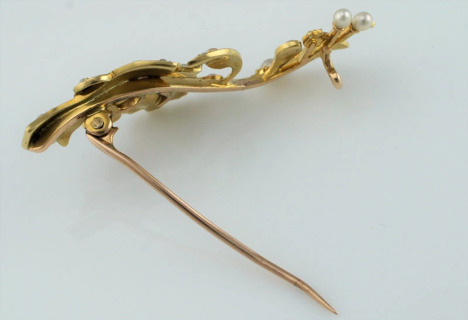 Fine Antique Edwardian Yellow Gold & Seed Pearls Floral Spray Brooch