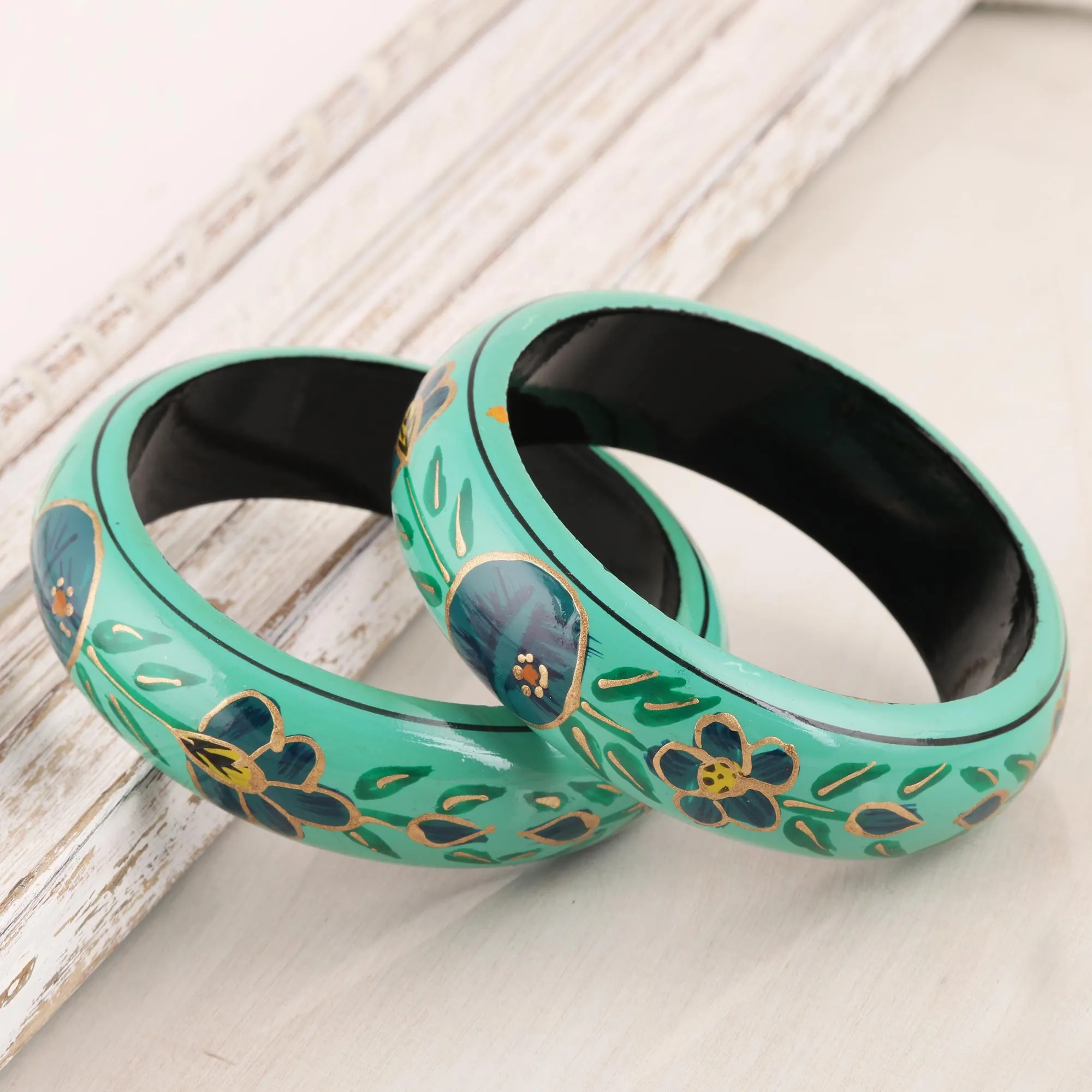 Floral Wood Bangle Bracelets in Viridian  - Floral Viridian