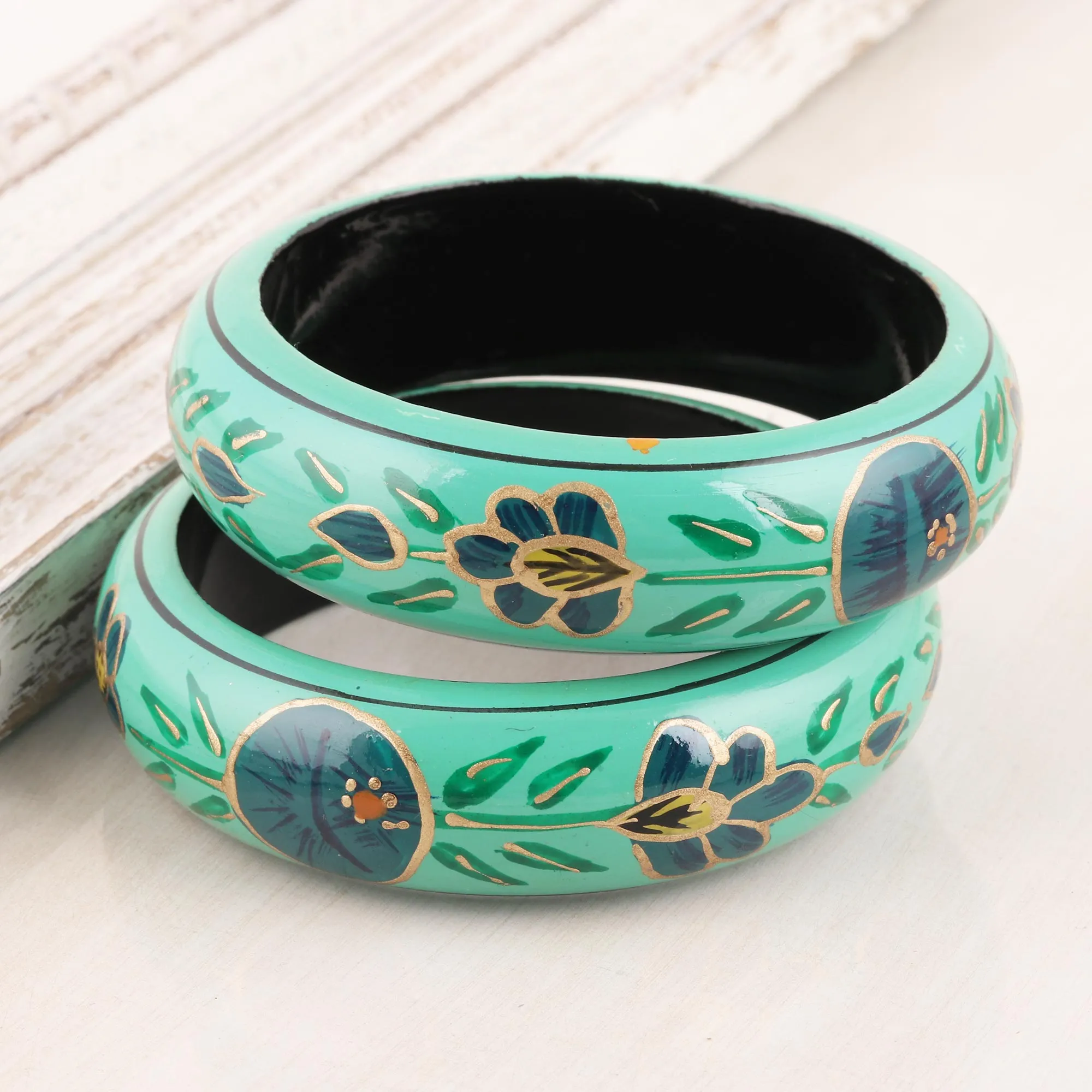 Floral Wood Bangle Bracelets in Viridian  - Floral Viridian