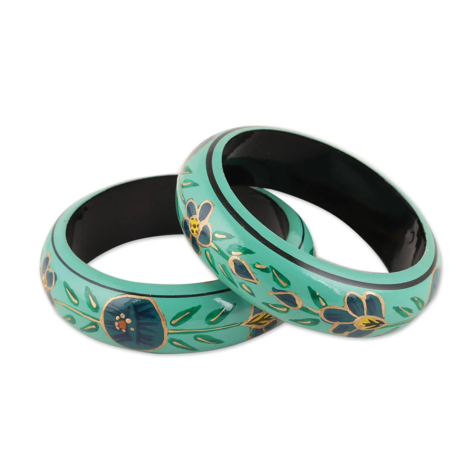 Floral Wood Bangle Bracelets in Viridian  - Floral Viridian