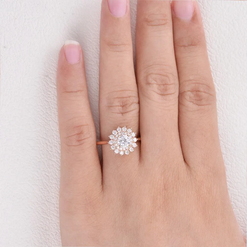 Flower Round Cut Moissanite Rose Gold Ring