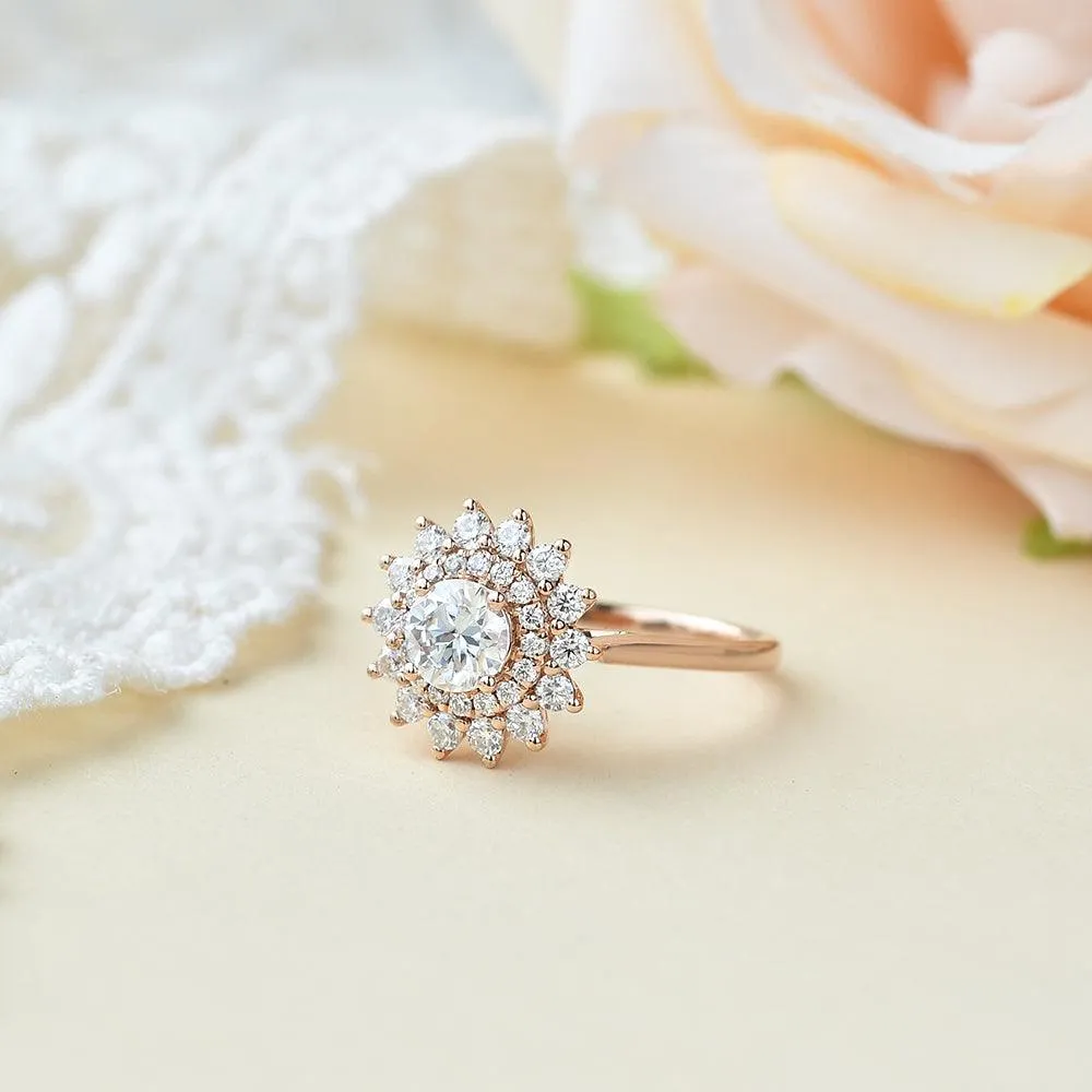 Flower Round Cut Moissanite Rose Gold Ring