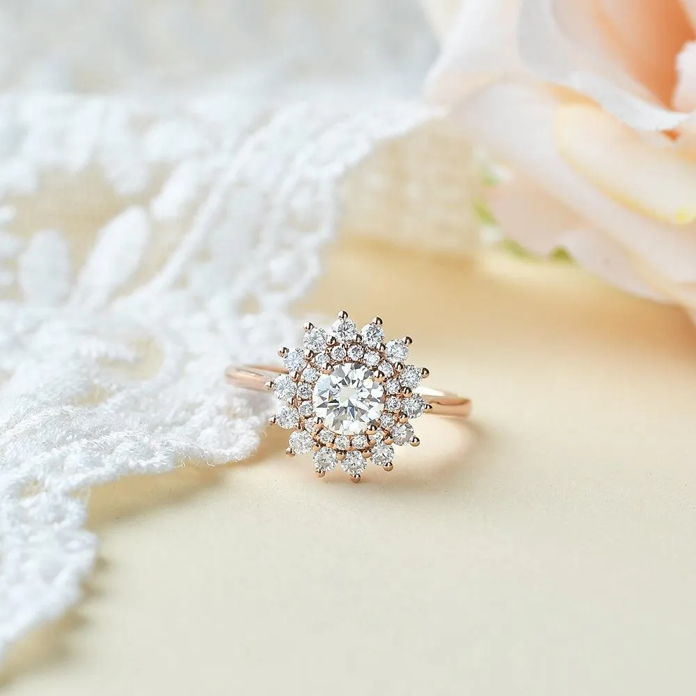 Flower Round Cut Moissanite Rose Gold Ring