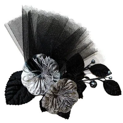 Flower Trim - Silver Velvet Flowers with Black Tulle Fan and Leaves