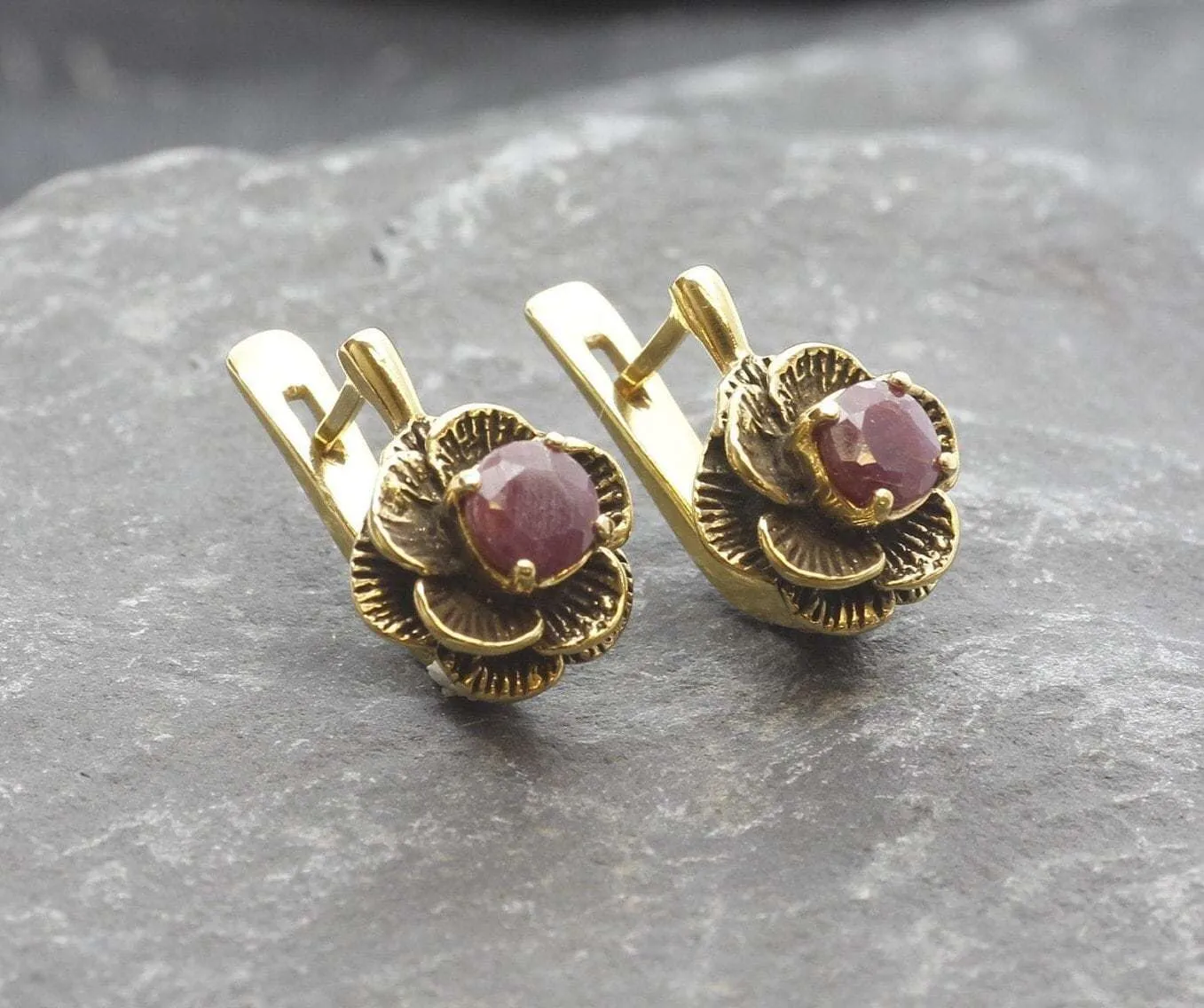 Genuine Ruby Earrings - Gold Flower Earrings, July Birthstone Earrings