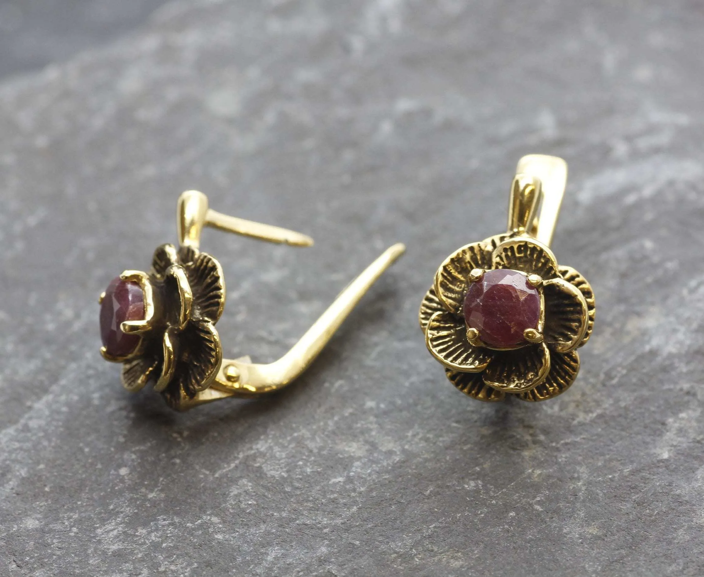 Genuine Ruby Earrings - Gold Flower Earrings, July Birthstone Earrings