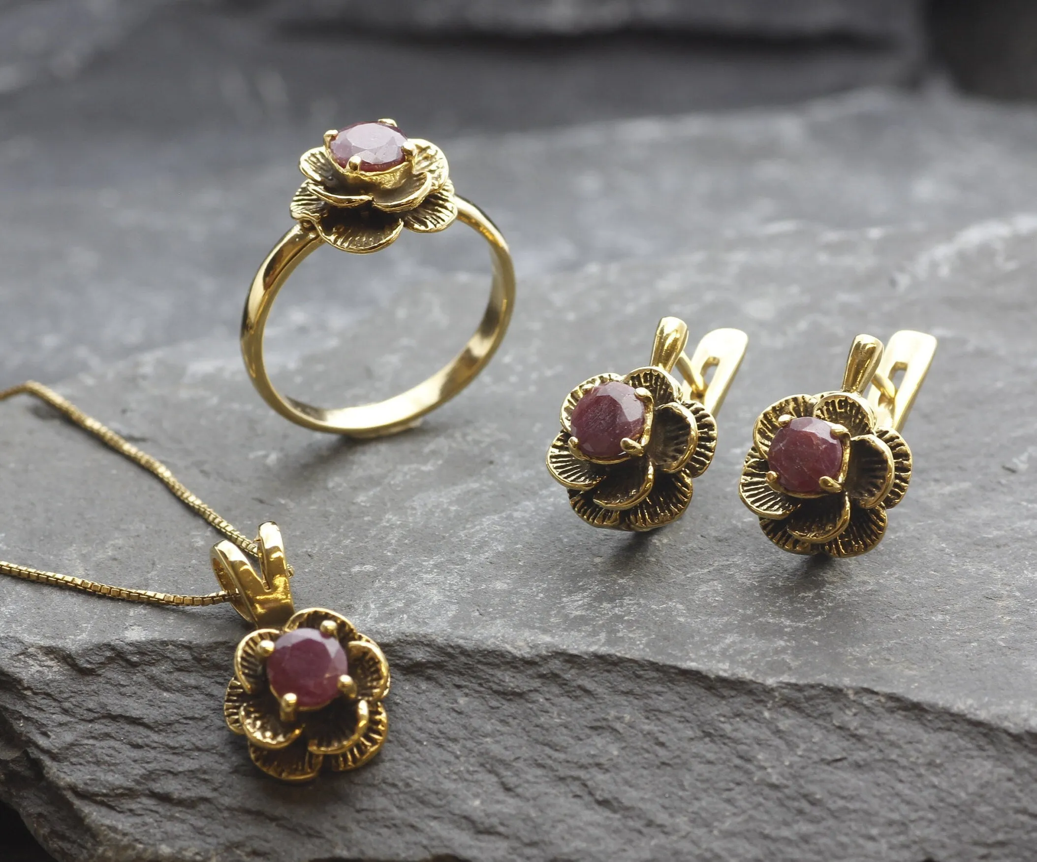 Genuine Ruby Earrings - Gold Flower Earrings, July Birthstone Earrings