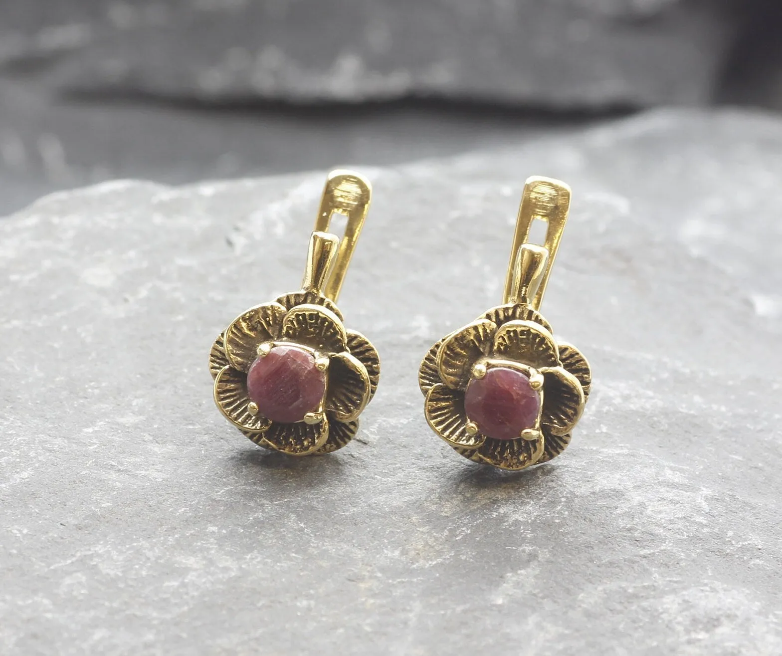 Genuine Ruby Earrings - Gold Flower Earrings, July Birthstone Earrings