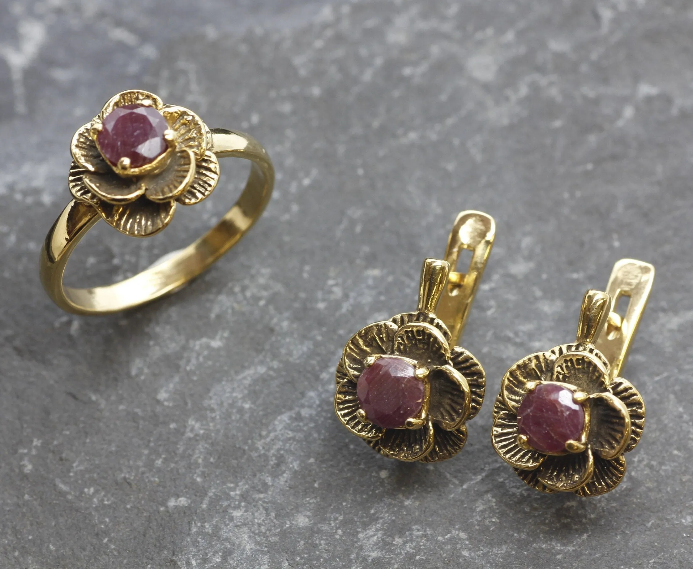 Genuine Ruby Earrings - Gold Flower Earrings, July Birthstone Earrings