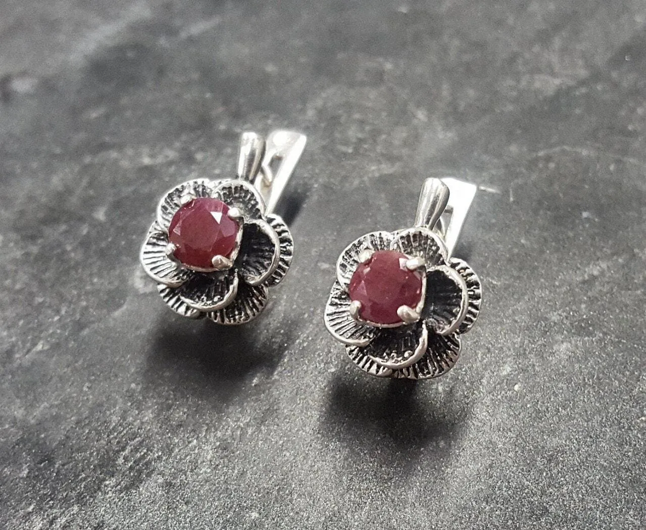 Genuine Ruby Earrings - Red Flower Earrings - Vintage Rose Studs