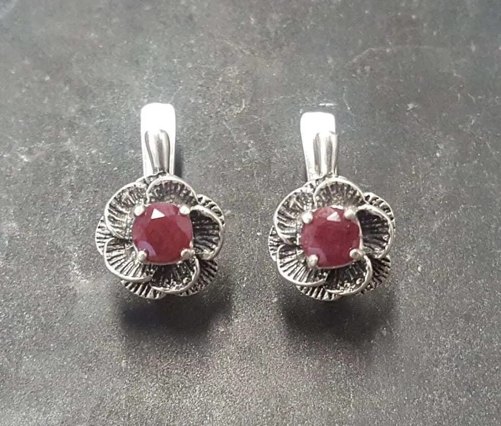 Genuine Ruby Earrings - Red Flower Earrings - Vintage Rose Studs