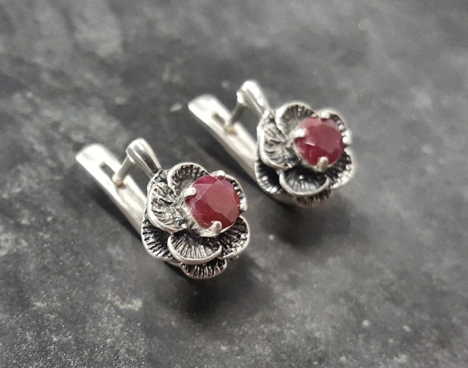 Genuine Ruby Earrings - Red Flower Earrings - Vintage Rose Studs