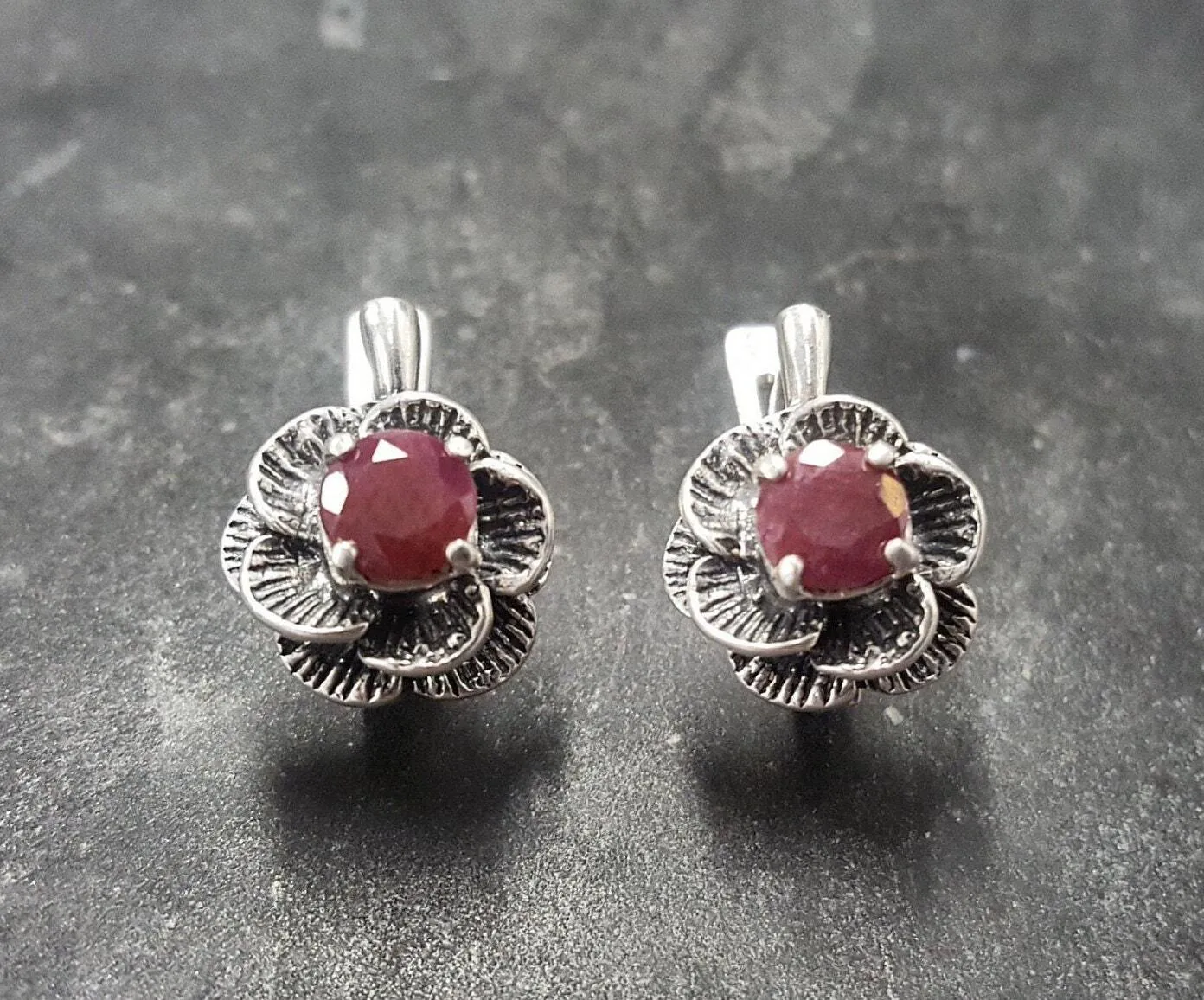 Genuine Ruby Earrings - Red Flower Earrings - Vintage Rose Studs