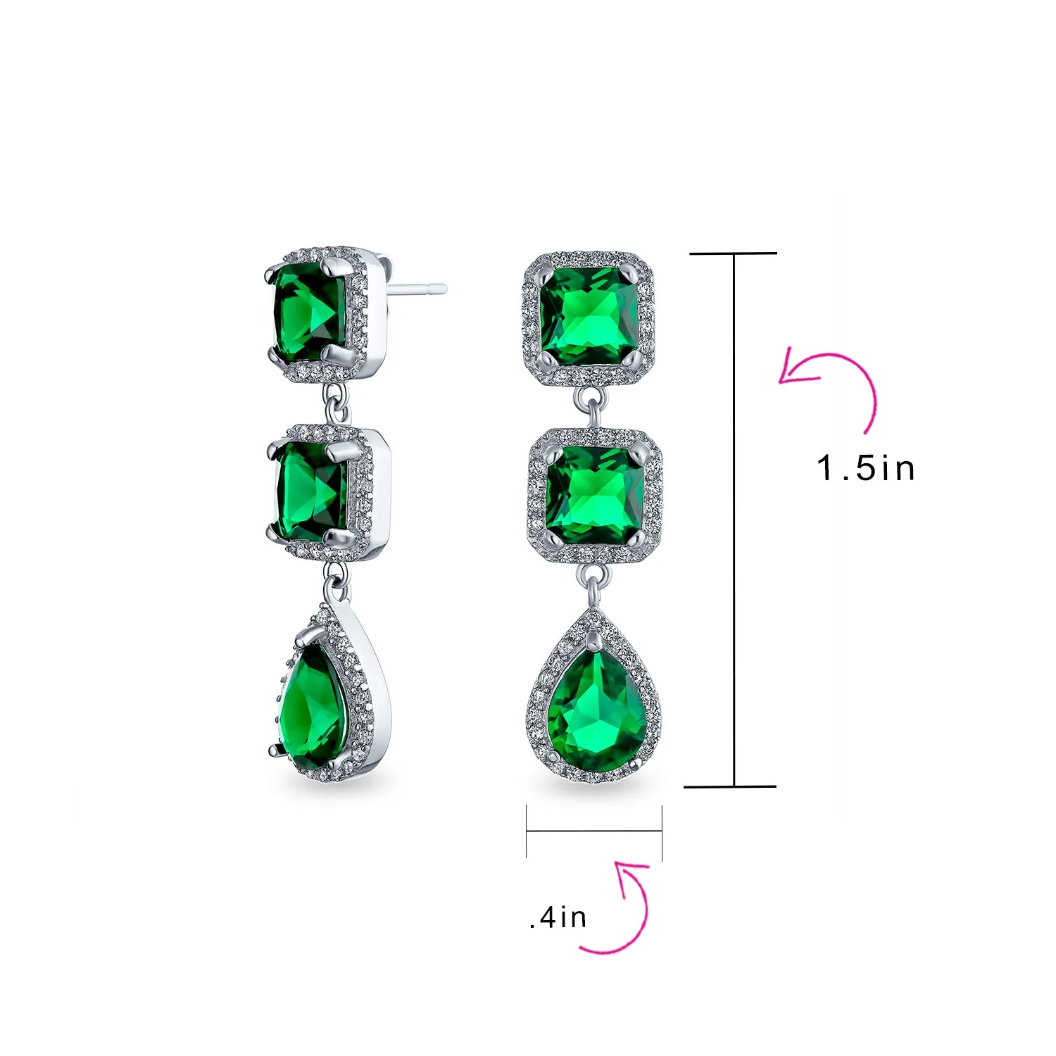 Geometric Emerald Green Dangle Chandelier Earrings for Prom Silver Plate