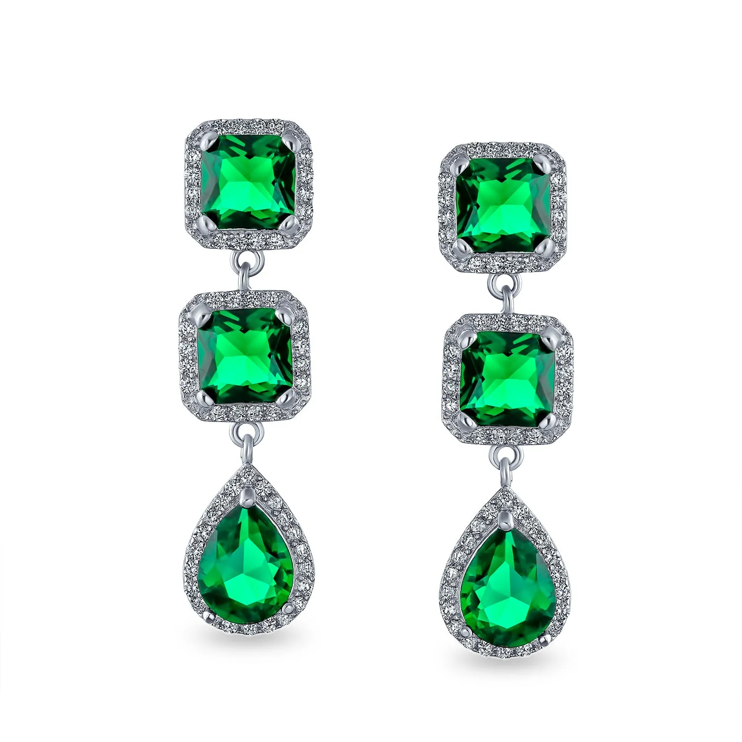 Geometric Emerald Green Dangle Chandelier Earrings for Prom Silver Plate