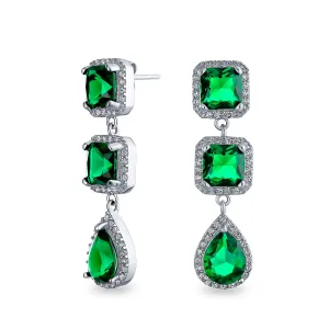 Geometric Emerald Green Dangle Chandelier Earrings for Prom Silver Plate