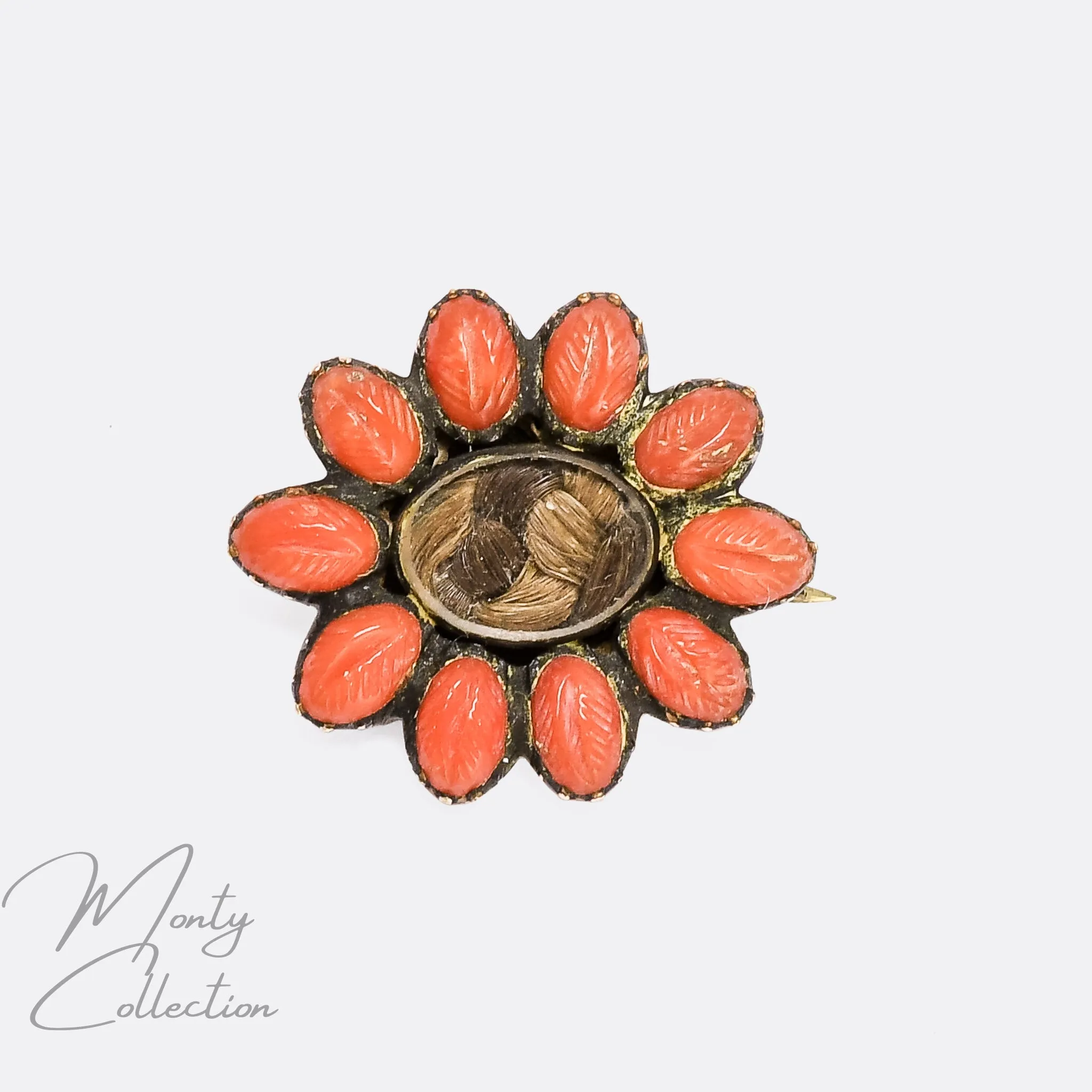 Georgian Carved Coral & Hairwork Flower Brooch