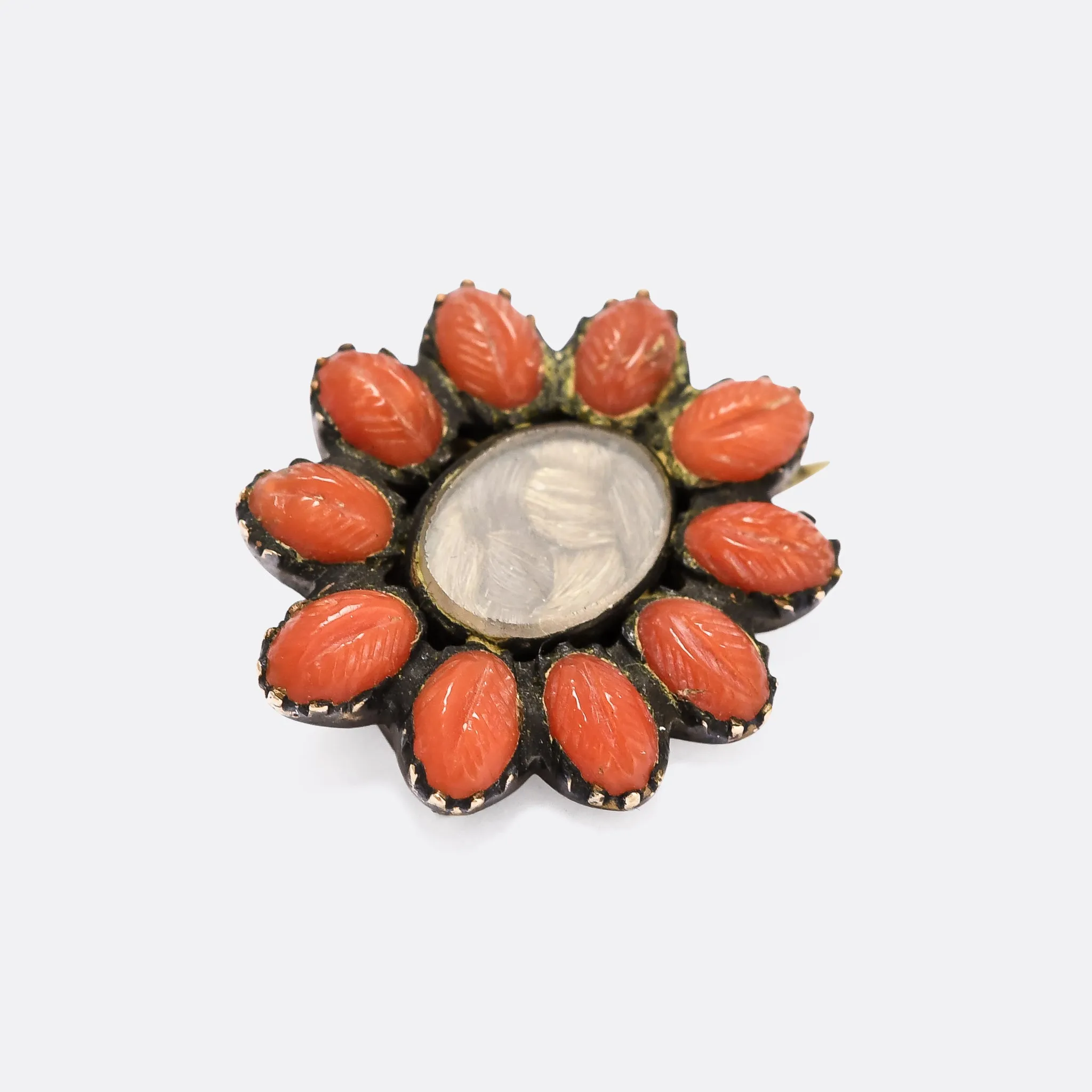 Georgian Carved Coral & Hairwork Flower Brooch