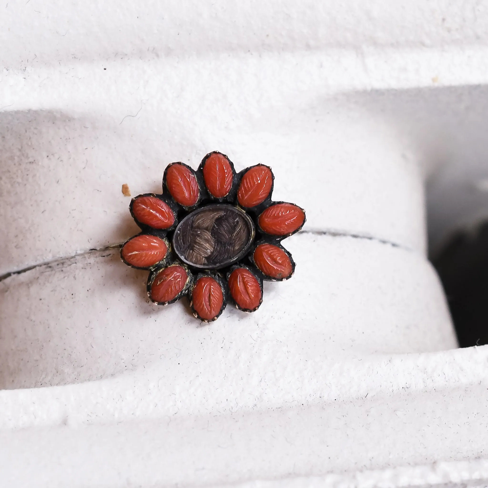 Georgian Carved Coral & Hairwork Flower Brooch