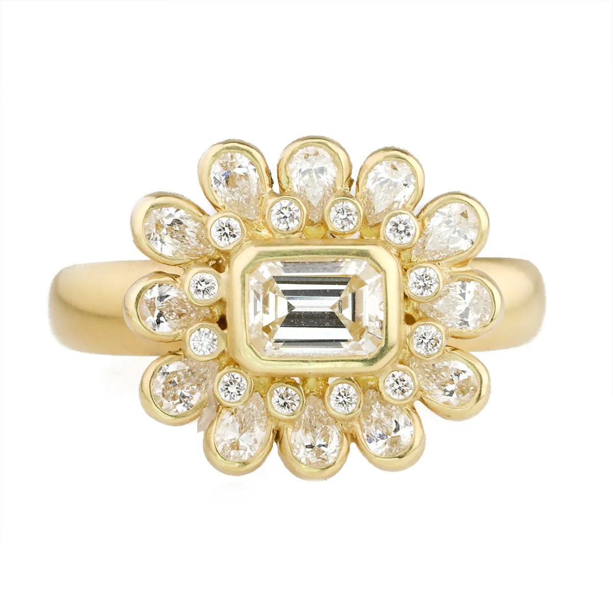 Gold Bezel-Set Emerald-Cut Diamond Ring with Teardrop Halo