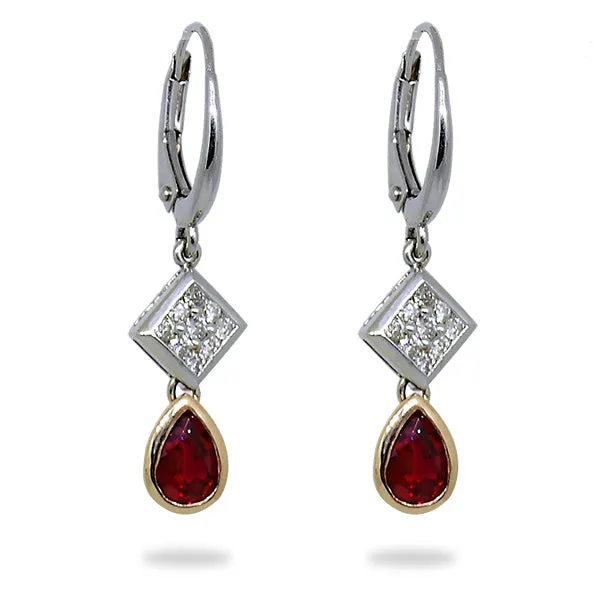 Gold Diamond and Ruby Dangle Earrings