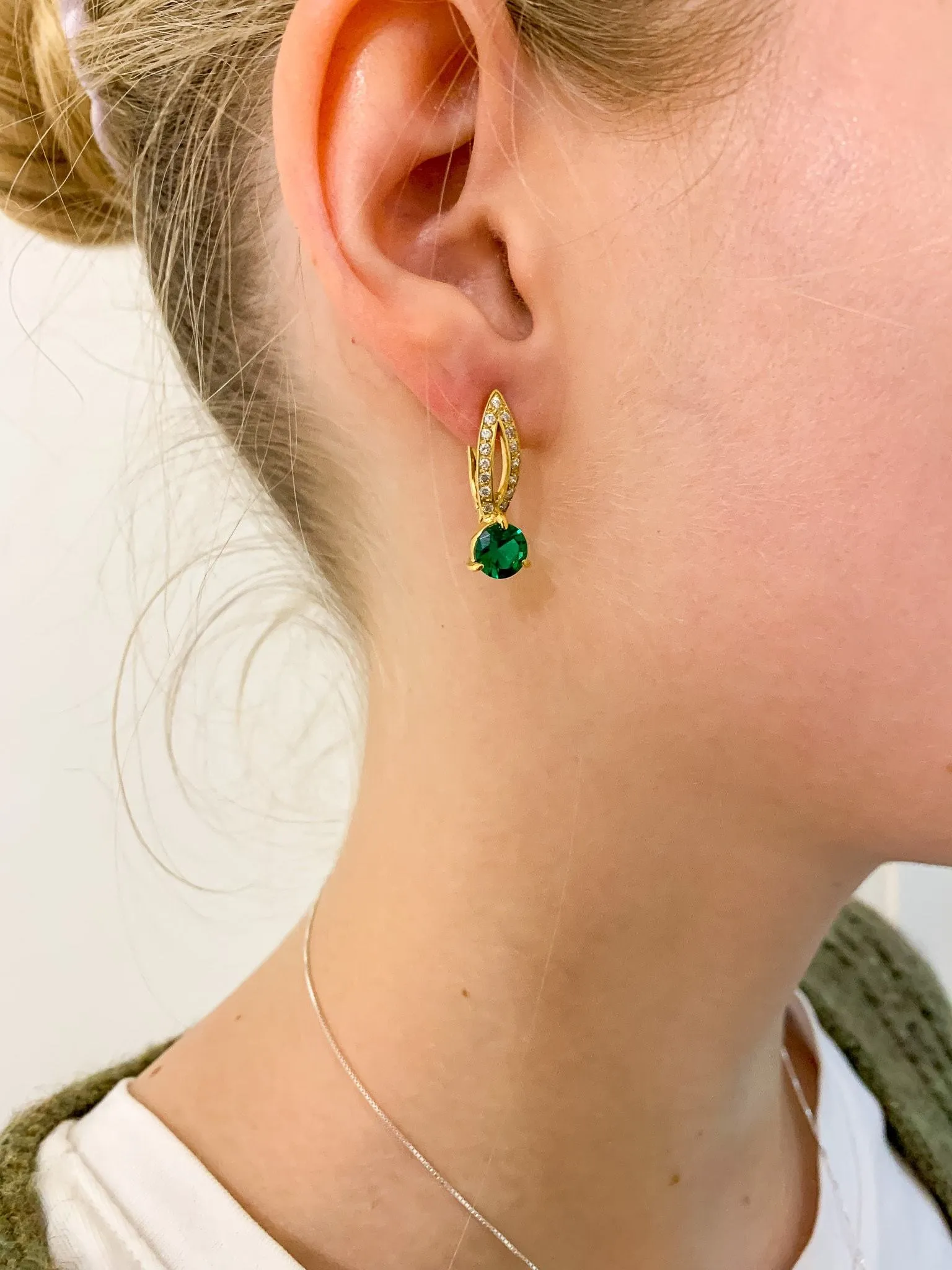 Gold Emerald Earrings - Green Drop Earrings, Long Gold Earrings