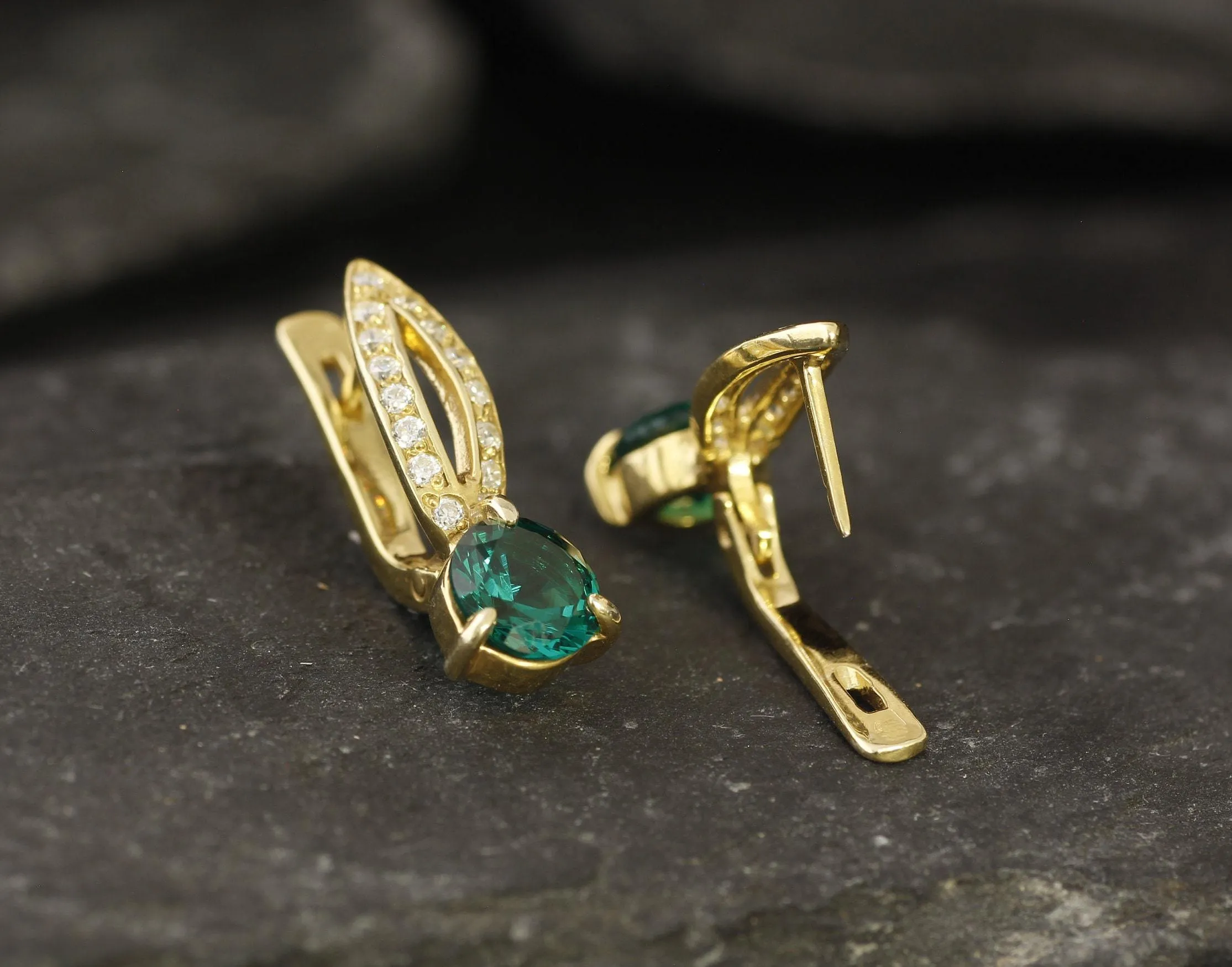 Gold Emerald Earrings - Green Drop Earrings, Long Gold Earrings