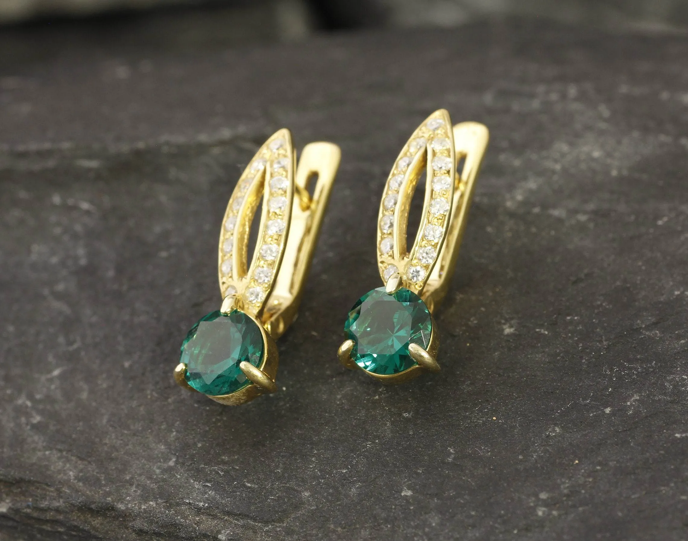 Gold Emerald Earrings - Green Drop Earrings, Long Gold Earrings