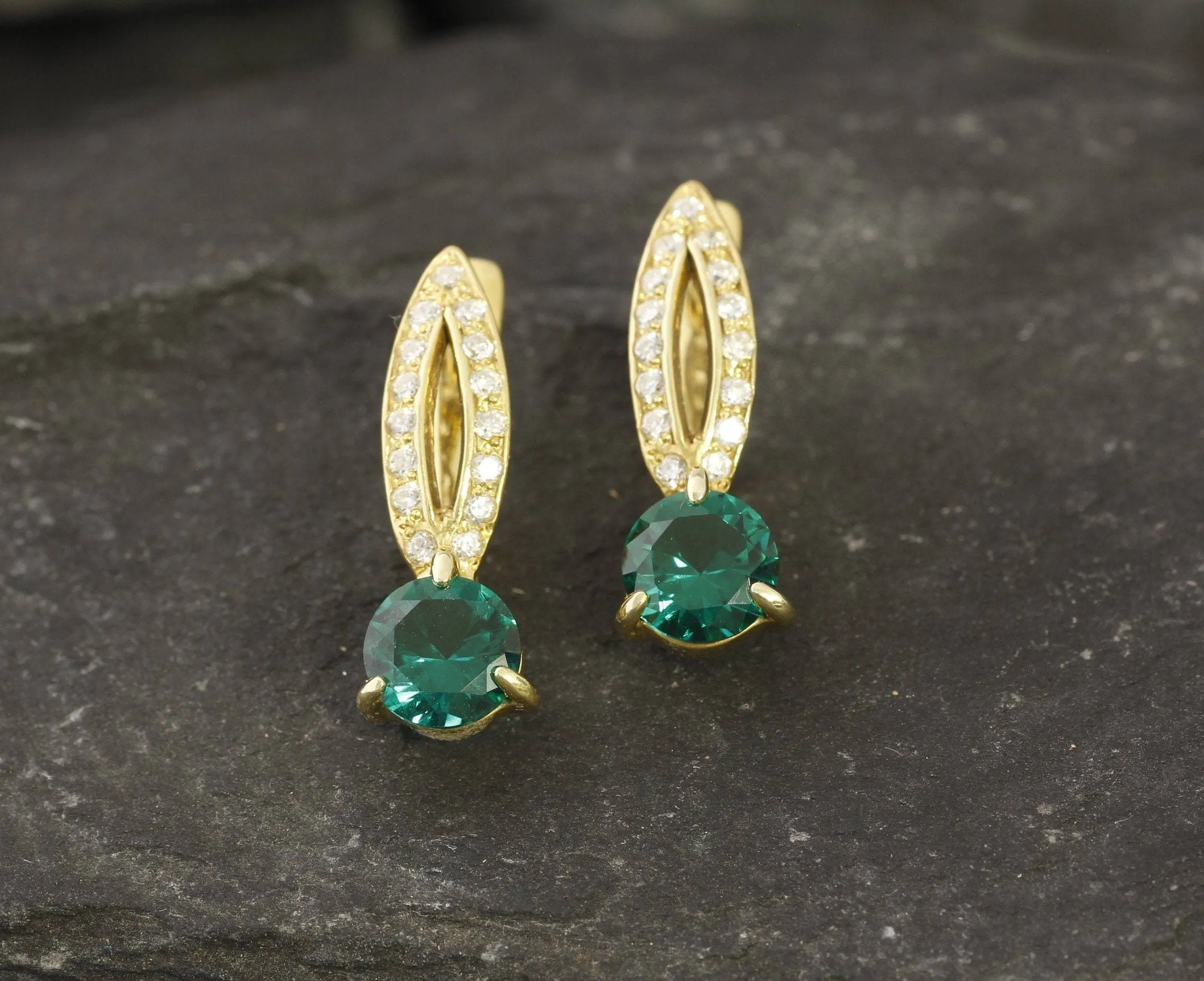 Gold Emerald Earrings - Green Drop Earrings, Long Gold Earrings