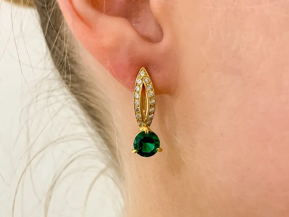 Gold Emerald Earrings - Green Drop Earrings, Long Gold Earrings