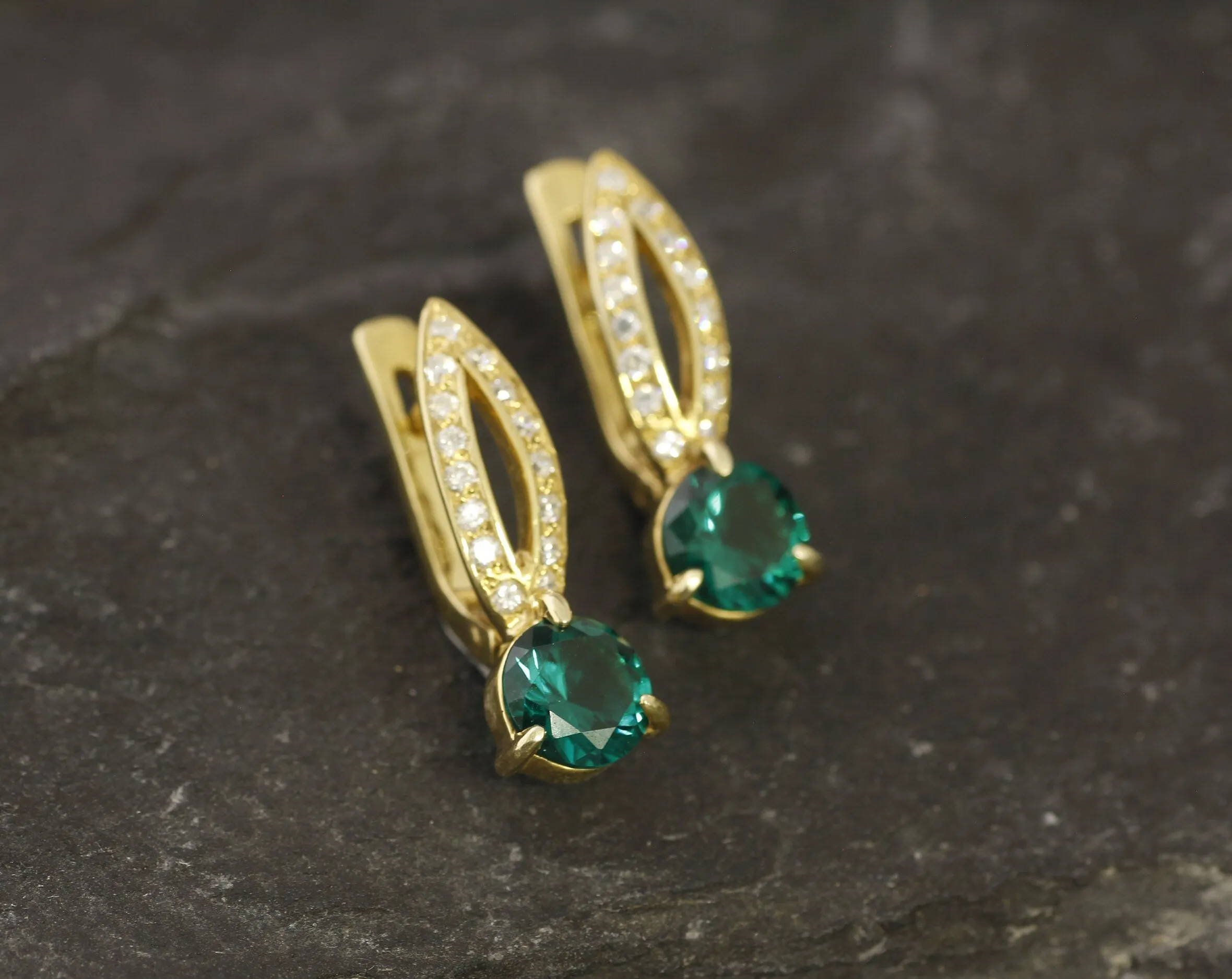 Gold Emerald Earrings - Green Drop Earrings, Long Gold Earrings