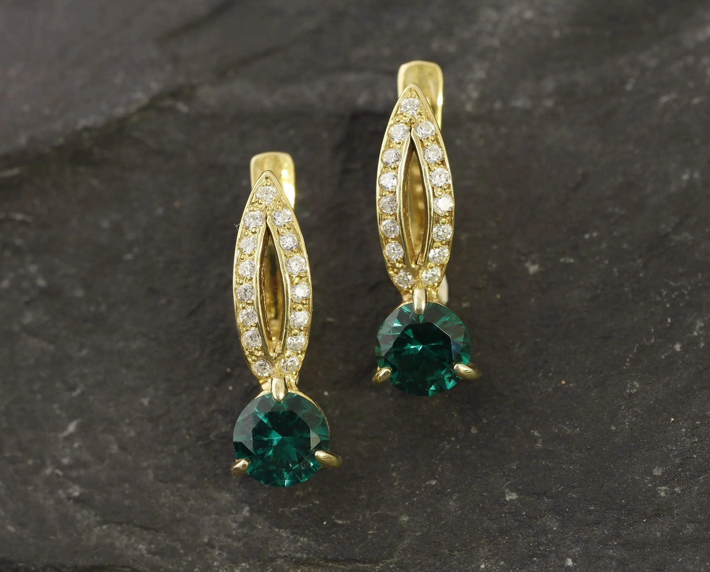 Gold Emerald Earrings - Green Drop Earrings, Long Gold Earrings