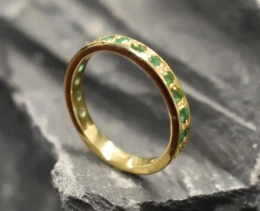 Gold Emerald Eternity Ring, Natural Emerald Ring, Emerald Gold Band