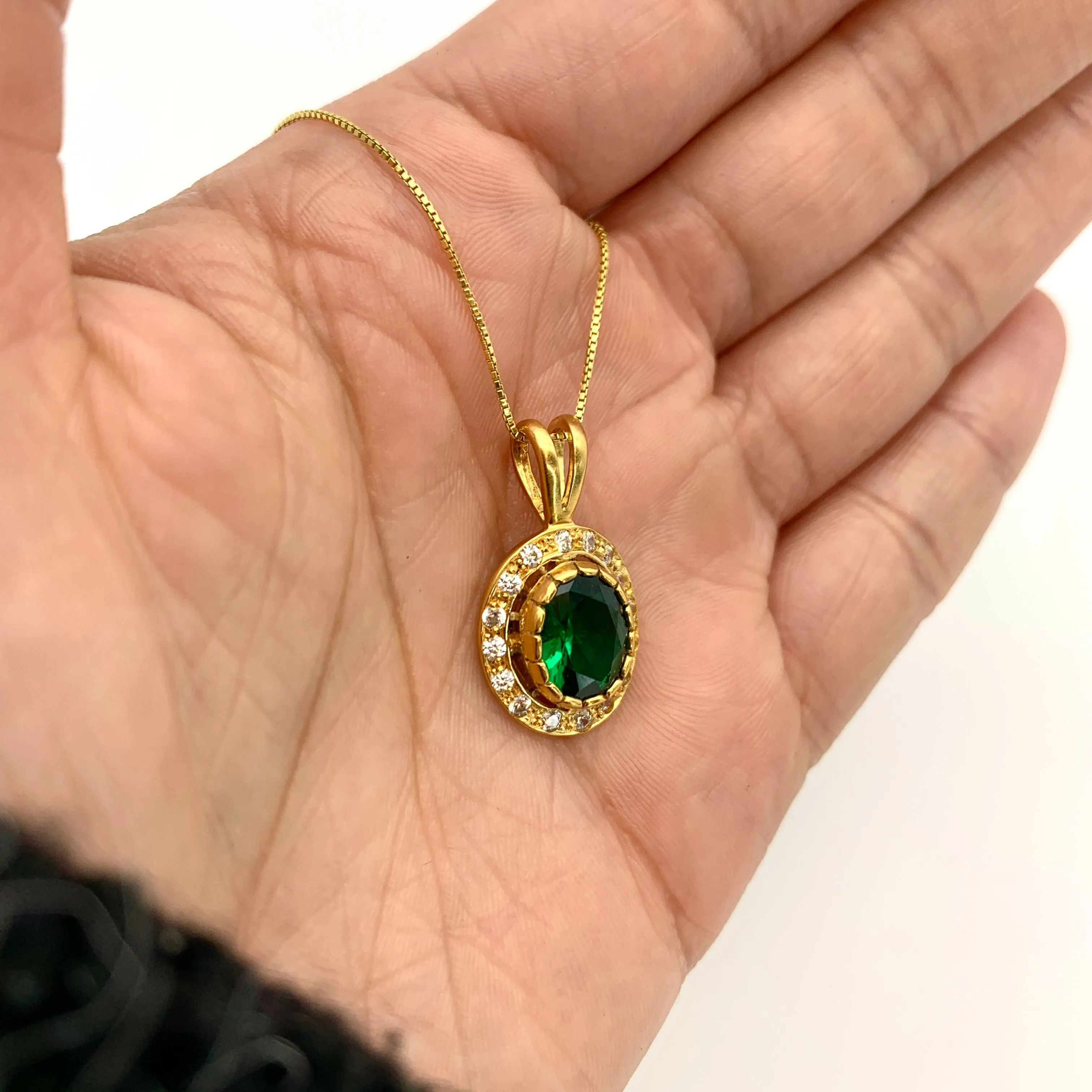 Gold Emerald Pendant - Green Vintage Necklace - Diamond Halo Necklace