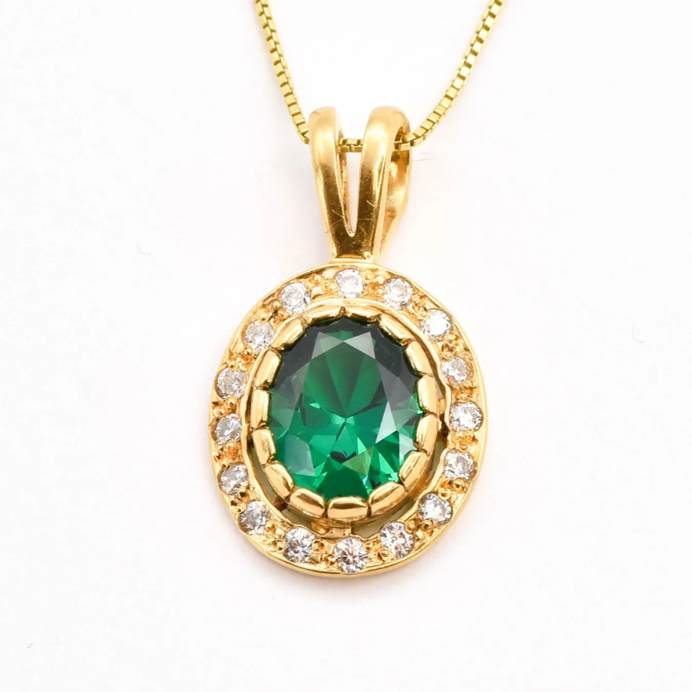 Gold Emerald Pendant - Green Vintage Necklace - Diamond Halo Necklace