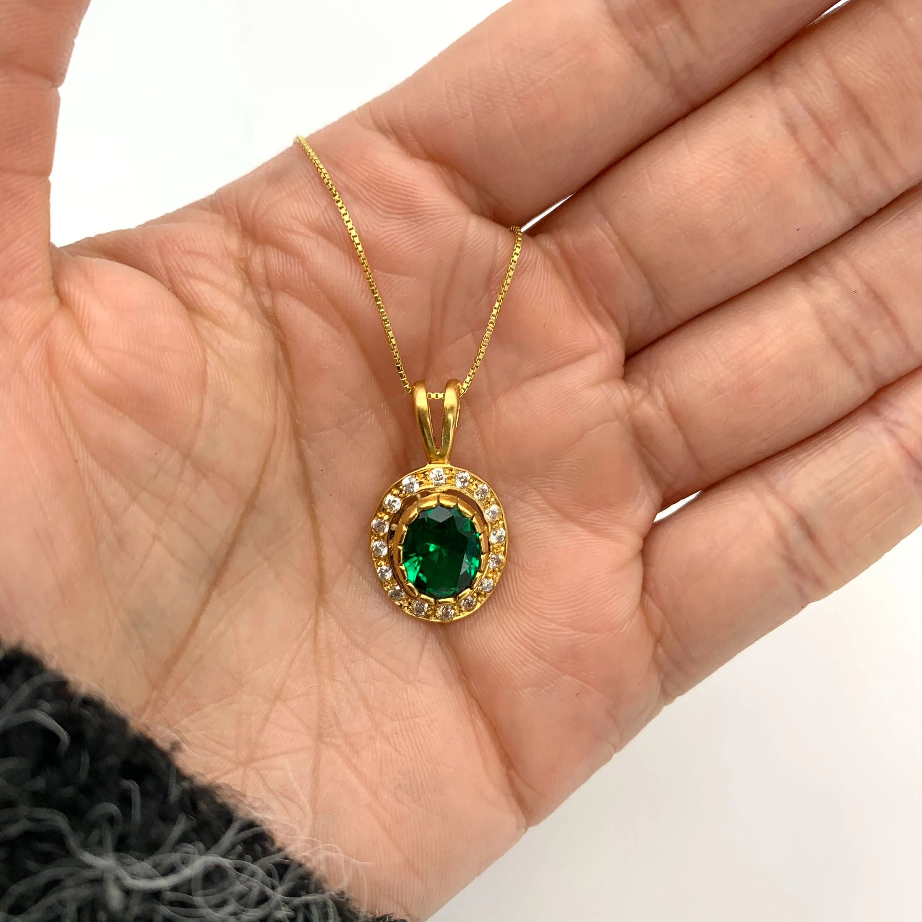 Gold Emerald Pendant - Green Vintage Necklace - Diamond Halo Necklace